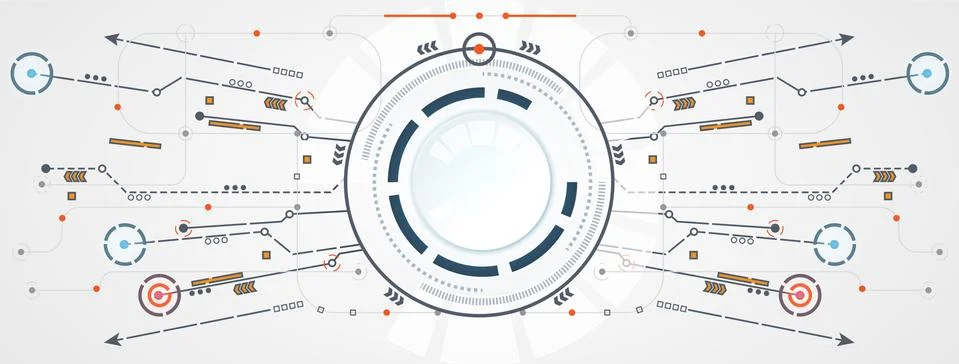 Abstract technology circle circuit digital link connection on hi tech white Illustrazione stock
