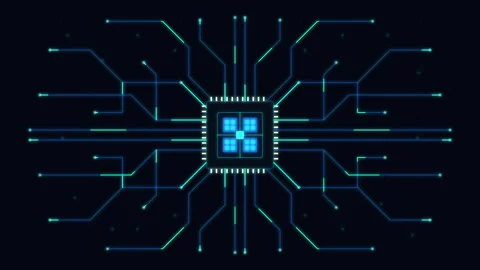 Abstract technology circuit board animation loop with glowing blue chip Stock Footage 346540610