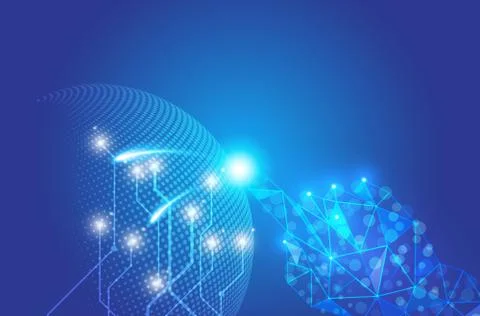 Abstract technology with click hand wireframe and halftone dots blue backgrou Illustrazione stock