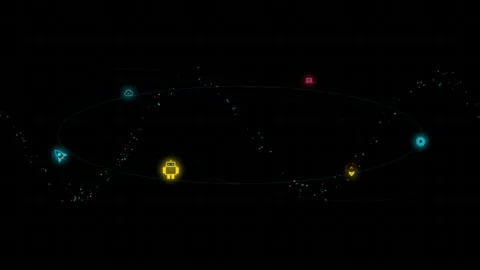 Abstract technology concept with glowing neon icons and orbiting particles .. Stock Footage 344240408