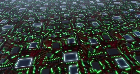 Abstract technology concept with greem moving lights and imitation of a printed Video stock 146958740