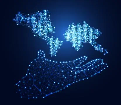 Abstract technology concept hand digital link and map dot on hi tech Illustrazione stock