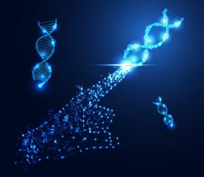 Abstract technology concept hand digital link and DNA on hi tech background Illustrazione stock