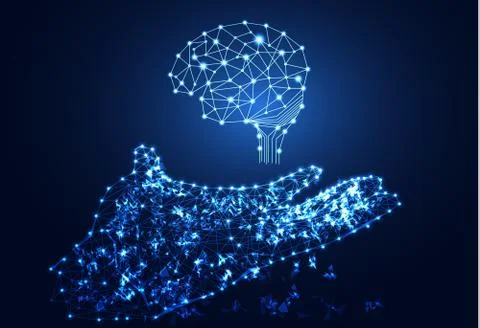 Abstract technology concept hand digital link and brain on hi tech background Illustration