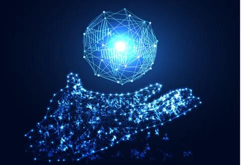 Abstract technology concept hand digital link and world on hi tech background イラスト素材