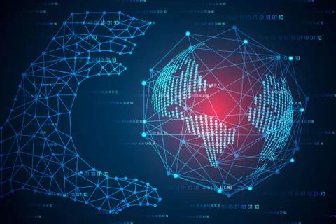 Abstract technology concept hands digital and world link future design Illustrazione stock