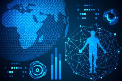 Abstract technology concept human body in digital link ; hud interface Illustrazione stock