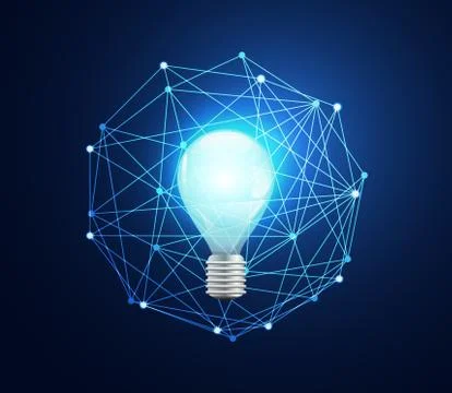 Abstract technology concept light bulb digital link on hi tech blue Illustrazione stock
