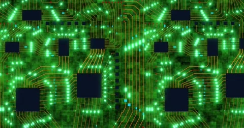 Abstract technology concept with moving green lights and imitation of a printed Stock Footage 144314687