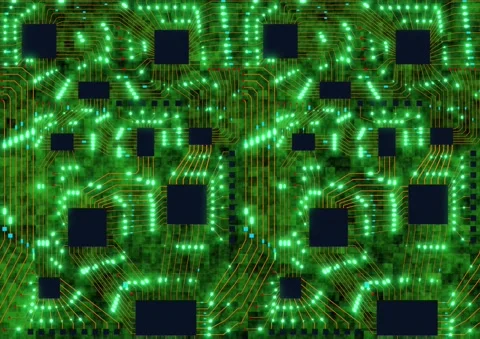 Abstract technology concept with moving green lights and imitation of a printed Stock Footage 144608536