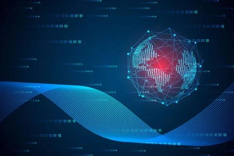 Abstract technology concept world digital link and wave on hi tech background Illustration