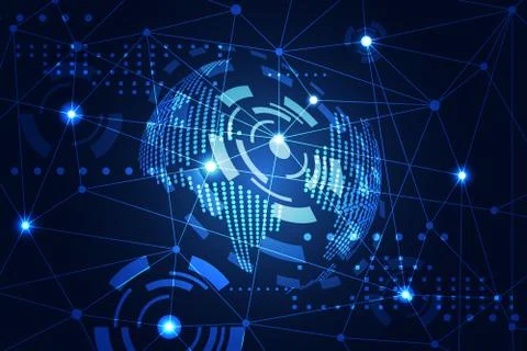 Abstract technology concept world digital link on hi tech blue background Illustrazione stock