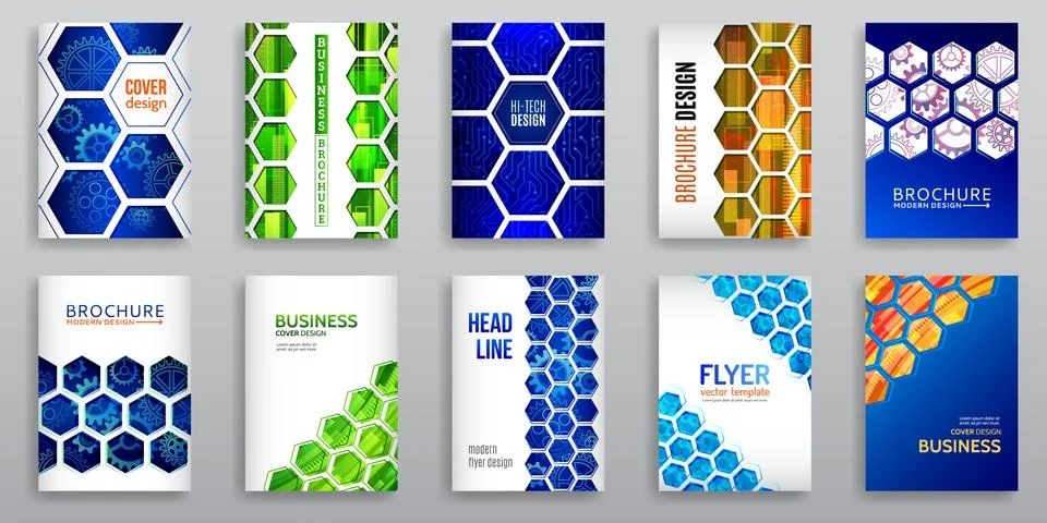 Abstract technology cover with hexagon elements. Set of High tech brochure de Stock Illustration