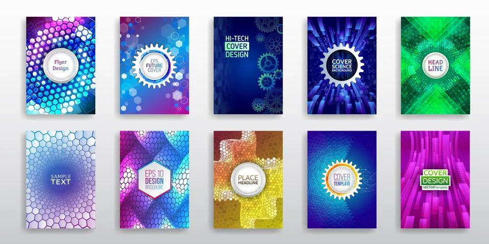 Abstract technology cover with hexagon elements. Set of High tech brochure de Stock Illustration