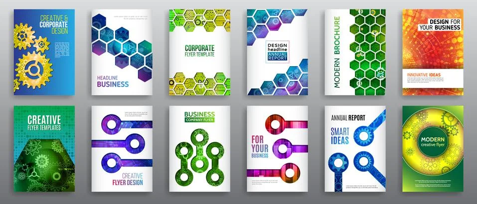 Abstract technology cover with hexagon elements. High tech brochure design co Illustrazione stock