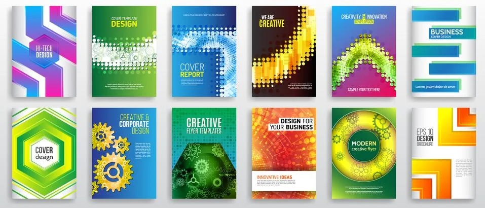 Abstract technology cover with various elements. High tech brochure design co Stock Illustration