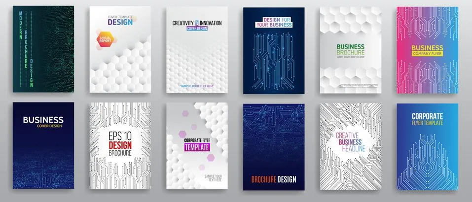 Abstract technology cover with various elements. High tech brochure design co Illustrazione stock