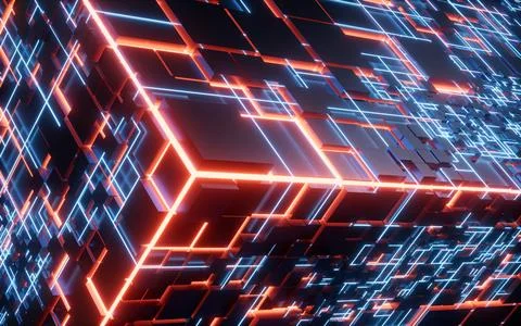 Abstract technology cube construction, 3d rendering. Illustrazione stock