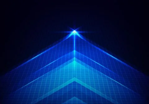 Abstract technology glowing blue arrow forward with lighting and line grid on Stock Illustration