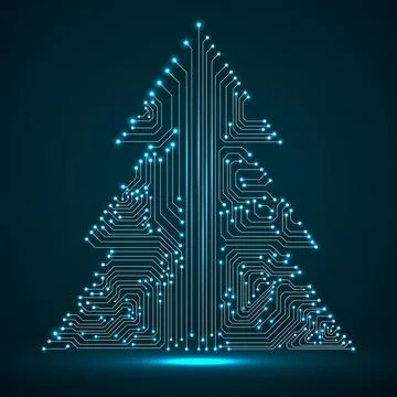 Abstract technology glowing Christmas tree, neon circuit board. Vector Stock Illustration