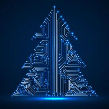 Abstract technology glowing Christmas tree, neon circuit board Stock Illustration
