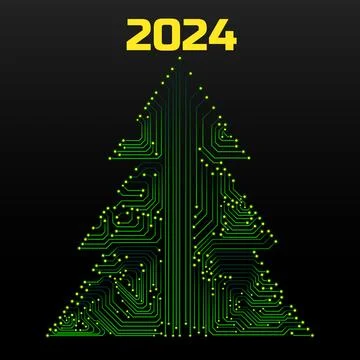 Abstract technology glowing Christmas tree 2024, neon circuit board. Vector i Stock Illustration
