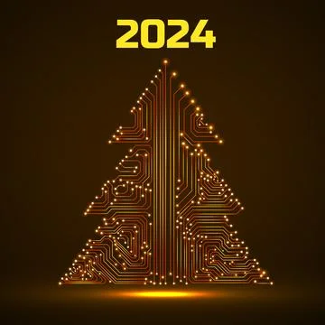 Abstract technology glowing Christmas tree 2024, neon circuit board. Vector.. Stock Illustration