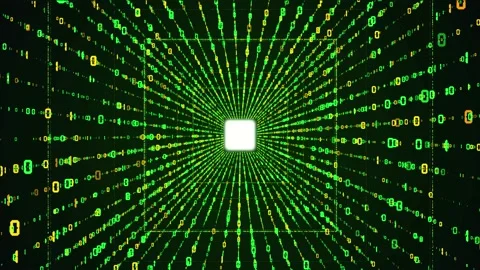 Abstract Technology Green Orange Shine Square Tunnel Sparkle Matrix Binary Code Stock Footage 199339321