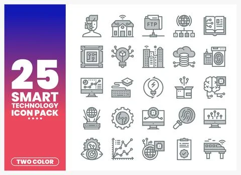 Abstract technology icons arranged in a grid on a gradient background Stock Illustration