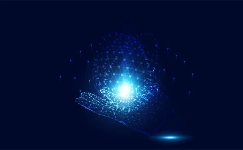 Abstract technology line wireframe hand and world circle low poly future mode Illustration