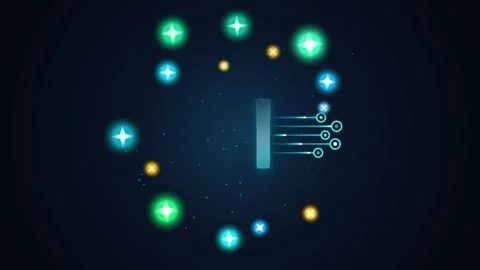 Abstract technology microchip icon with glowing star particles on dark back.. Stock Footage 348712763