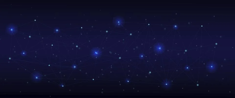 Abstract technology molecule network with polygonal shape on dark blue backgr Stock Illustration