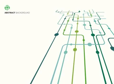 Abstract technology perspective background green color curved lines, dots wit Stock Illustration