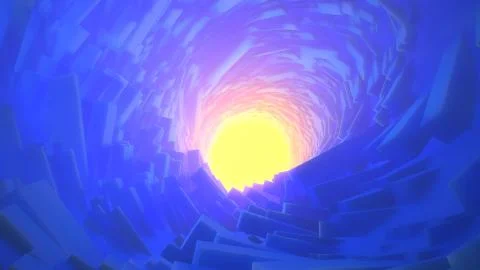 Abstract technology round tunnel filled by long boxes and yellow warm and Stock Illustration