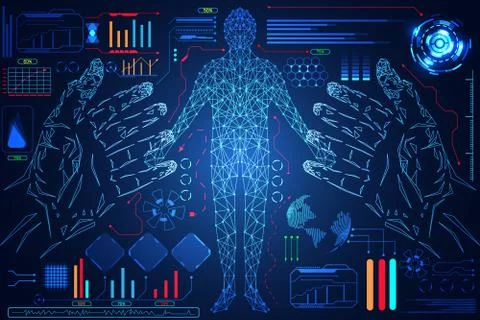 Abstract technology science hud interface : hands digital blue hi tech Stock Illustration
