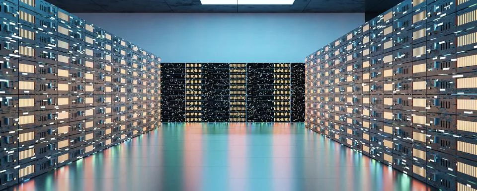 Abstract technology server room with many server hardware 3d render illustration Illustrazione stock
