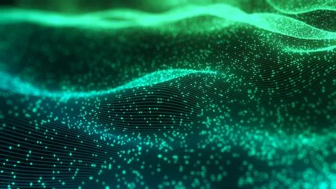 Abstract technology wave of particles. Big data visualization. Dark background Illustrazione stock