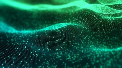 Abstract technology wave of particles. Big data visualization. Dark background Illustrazione stock