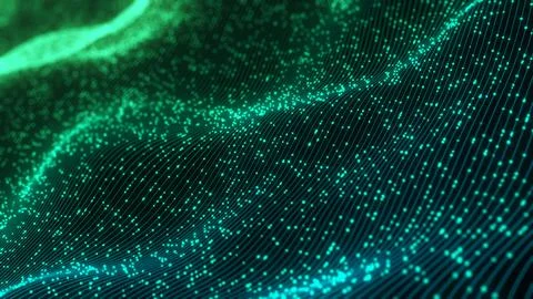Abstract technology wave of particles. Big data visualization. Dark background Illustrazione stock