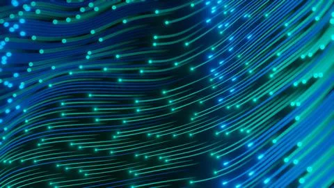 Abstract technology wave of particles. Big data visualization. Dark background Stock Photos