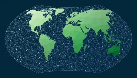 Abstract telecommunication world map. Wagner projection. Green low poly wor.. Stock Illustration