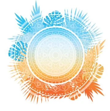 Abstract template with gradient backgrounds and tropical leaves. Trendy circl Stock Illustration