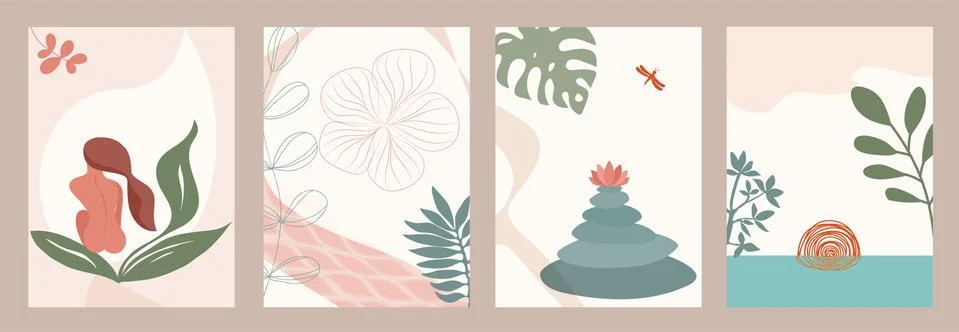 Abstract template with relaxation spa theme. Cover with nature-sunset- woman Stock Illustration