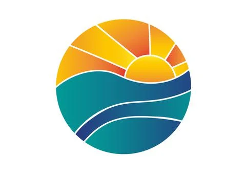 Abstract template with sun logo and sea waves. Travel agency logo on circle Stock Illustration
