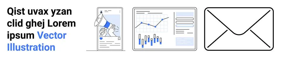 Abstract text, data analysis, charts, and an envelope represent business comm 库存插图