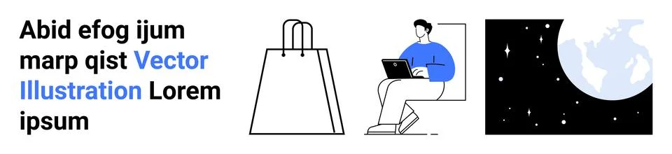 Abstract text on left, shopping bag, man sitting with laptop, and earth with  Stock Illustration