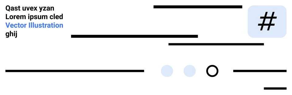 Abstract text structure with black lines, blue dots, and a metadata tag symbo 库存插图