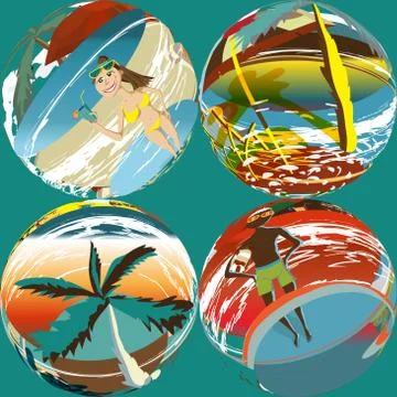 Abstract textile seamless pattern of colorful beach, palm tree, Stock Illustration