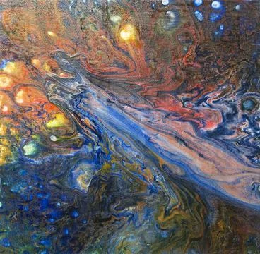 Abstract textural space liquid fluid background in orange red blue turquoise  Illustrazione stock