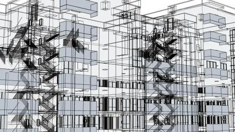 Abstract texture of a 3d building architectural drawing, 3d illustration. Ilustración de archivo